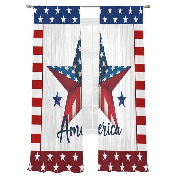 Independence Day Sheer Curtains 2 Panels Set America White Wooden Stripes U.S. Flag Sheer Window Curtains Light Filtering Rod Pocket Voile Drapes for Bedroom Living Room 52"X96"