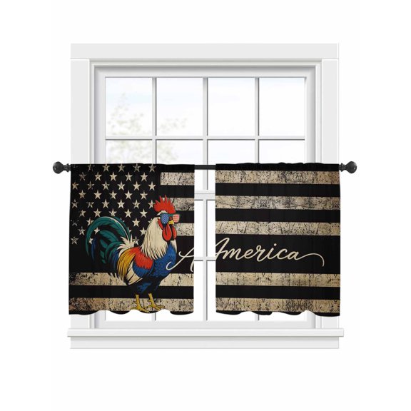 Independence Day Sheer Curtains 2 Panels Set Retro Five-Pointed Star U.S. Flag Farm Chicken Sheer Window Curtains Light Filtering Rod Pocket Voile Drapes for Bedroom Living Room 52"x45"