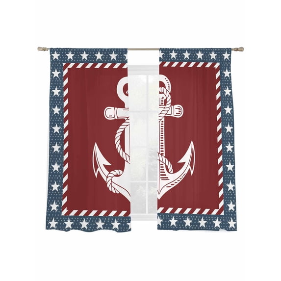 Independence Day Sheer Curtains 2 Panels Set U.S. Flag Ocean Coastal Anchorage Star Navy Blue Sheer Window Curtains Light Filtering Rod Pocket Voile Drapes for Bedroom Living Room 52"x63"