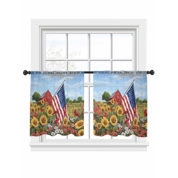 Independence Day Sheer Curtains 2 Panels Set U. S. Summer Sunflower Pastoral Barn Farmhouse Sheer Window Curtains Light Filtering Rod Pocket Voile Drapes for Bedroom Living Room 52"x45"