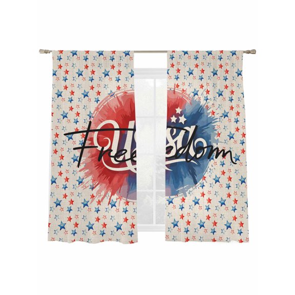 Independence Day Sheer Curtains 2 Panels Set USA Freedom Red Blue Star Vintage Linen Texture Sheer Window Curtains Light Filtering Rod Pocket Voile Drapes for Bedroom Living Room 52"x63"