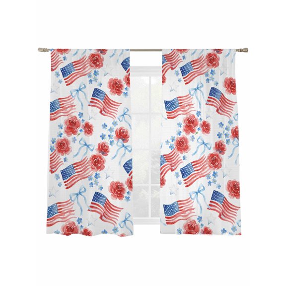 Independence Day Sheer Curtains 2 Panels Set Watercolor U, S, Flag Romantic Red Flowers Blue Bow Sheer Window Curtains Light Filtering Rod Pocket Voile Drapes for Bedroom Living Room 52"x63"