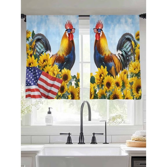 Independence Day Sheer Curtains 45 inches Long, U.S. Flag Themed Farm Rooster Summer Sunflower Light Filtering Sheer Window Curtains Rod Pocket Voile Drapes for Bedroom Living Room, 2 Panels