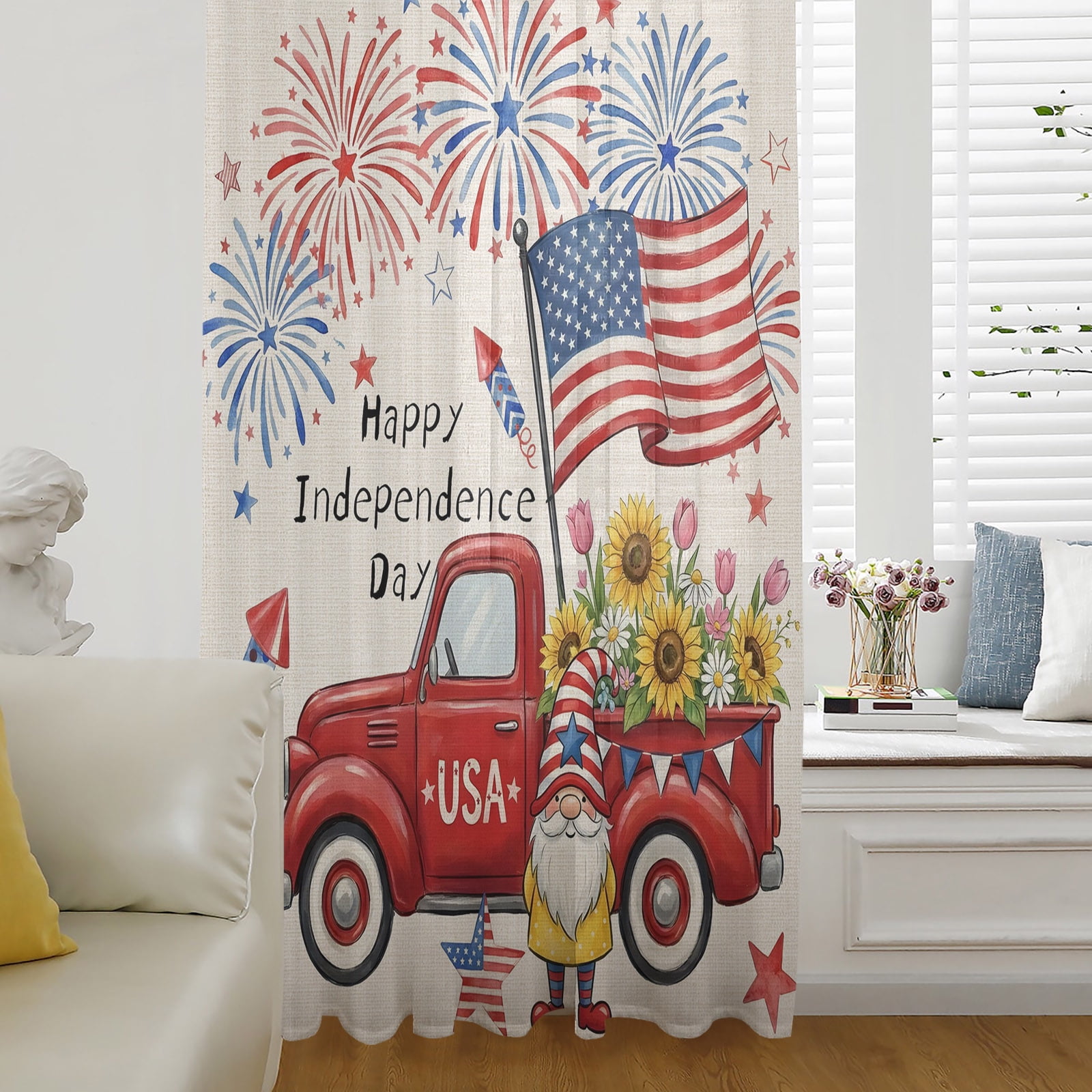 Independence Day Sheer Curtains 54 Inch Length USA Flag Blue Red ...