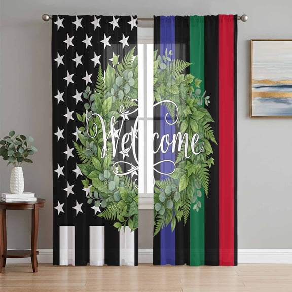 Independence Day Sheer Curtains for Living Room Bedroom, US Flag Day Patriotic Weclome Wreath Red Black Stripes Light Filtering Sheer Curtain Rod Pocket Voile Window Treaments Drapes, 52 x 108 Inches
