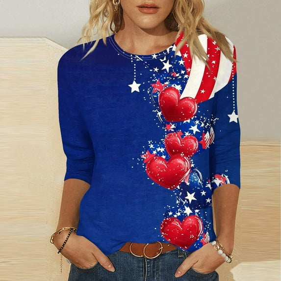 Independence Day Shirt,Cadancy Plus Size Tee Tops for Women Dressy 3X,Cute Clothing Blouses Cotton Round Neck,Red and White Graphic Tee ,Patriotic Memorial Day,Blusas Para Mujer Blue L