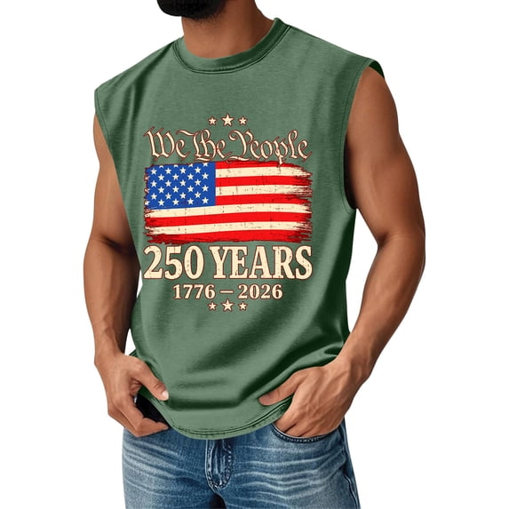 Independence Day Shirt Men 250 Anniversary Usa Patriotic Shirts Sleeveless Crew Neck Usa Flag Tank Tops Graphic Muscle Fit We the People T Shirts Army Green M