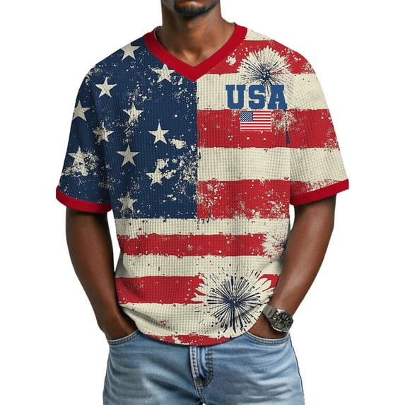 Independence Day Shirt for Men Patriotic 250 Anniversary Usa Shirts Waffle Short Sleeve American Flag Tees V Neck Graphic Usa Flag T Shirts Royal Blue 3XL