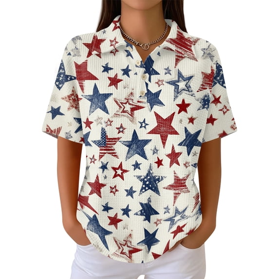 Independence Day Shirt for Women 4th Of July Usa Flag Print V-Neck Button Down Polo Shirts Vintage Relaxed Fit Soft Daily Summer Tops,M,#02 Watermelon Red