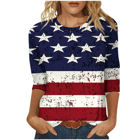 Independence Day Shirt for Women American Flag 3/4 Length Sleeve Tops 4th of July Tops USA Flag Stars Striped Graphic Tees Patriotic Round Neck Tunic Top Memorial Day Fashion Vacation Blouses