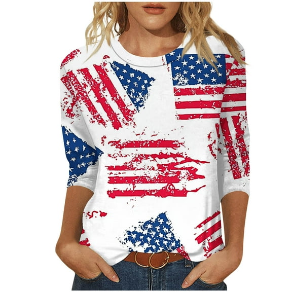 Independence Day Shirt for Women American Flag 3/4 Length Sleeve Tops 4th of July Tops USA Flag Stars Striped Graphic Tees Patriotic Round Neck Tunic Top Memorial Day Fashion Vacation Blouses
