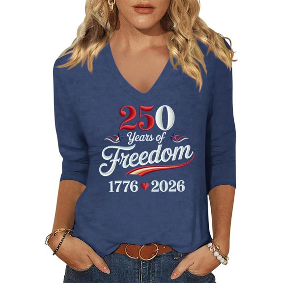 Independence Day Shirt Women Plus Size Vintage 3/4 Sleeve Patriotic Star Print V-Neck Comfy T-Shirts Memorial Day Stretchy Relaxed Fit Daily Summer Tops,M,#06 Blue