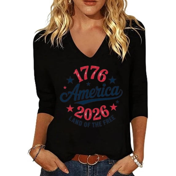 Independence Day Shirt for Women Red White Blue 3/4 Sleeve American Flag Print V-Neck Stretchy T-Shirt Memorial Day Comfy Relaxed Fit Summer Daily T-Shirts,S,#06 Black