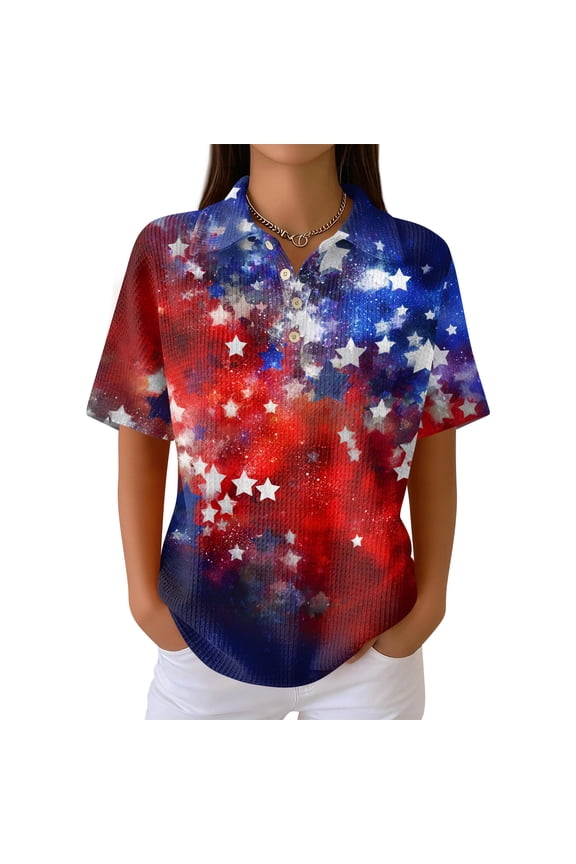 Independence Day Shirt for Women Red White Blue Usa Flag Print Button Down V-Neck Polo Shirts 1776-2026 Relaxed Fit Stretchy Spring Casual T-Shirts,XL,#02 Watermelon Red