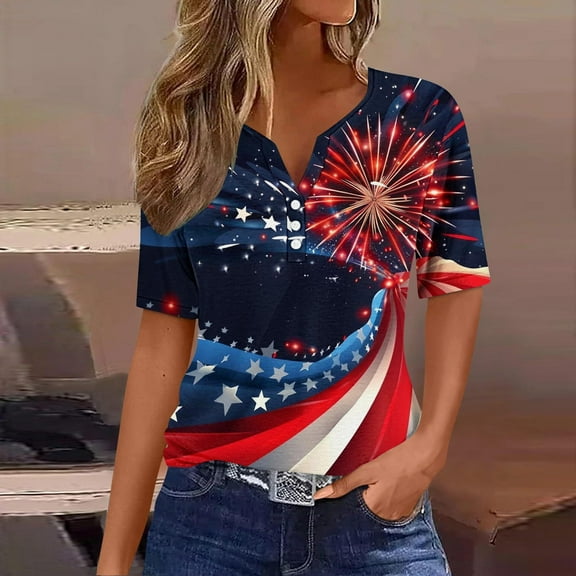 Independence Day Shirts American Flag Shirt for Women Memorial Day Blouse for Women 4th of July T Shirt Women Ladies Independence Day Printed Button Up 3/4 Sleeve V-Neck Tops Shirt
