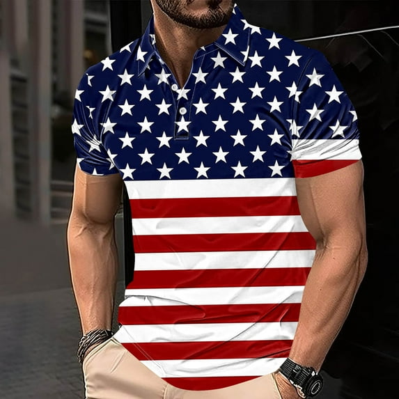 Independence Day Shirts For Men American Flag Graphic Tees Summer Lightweight Breathable Button Lapel Short Sleeved Top Blue XS