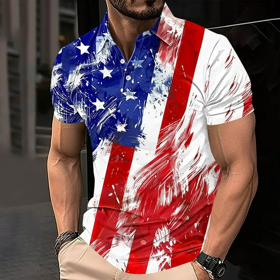 Independence Day Shirts For Men American Flag Graphic Tees Summer Lightweight Breathable Button Lapel Short Sleeved Top Red XXXL