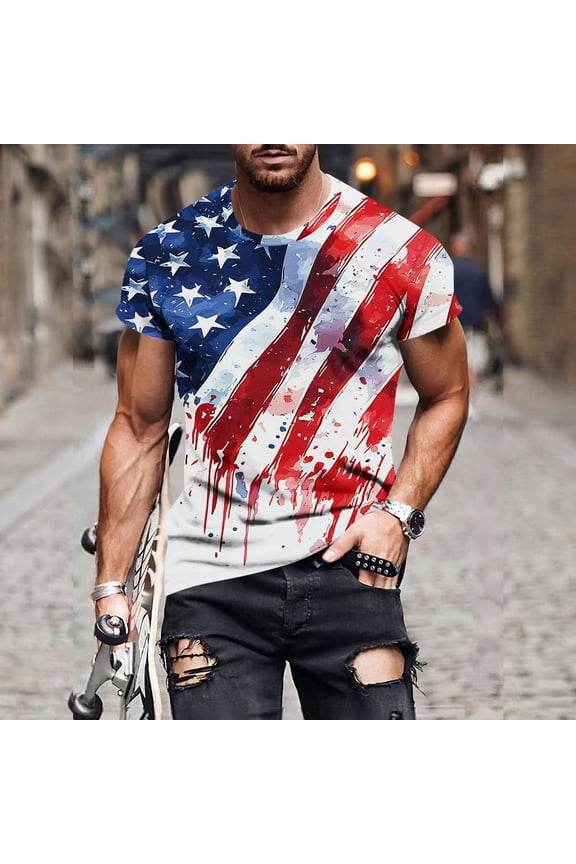 Men's Patriotic Independence Day T-Shirt USA Flag Print Short Sleeve Round Neck Under $10
