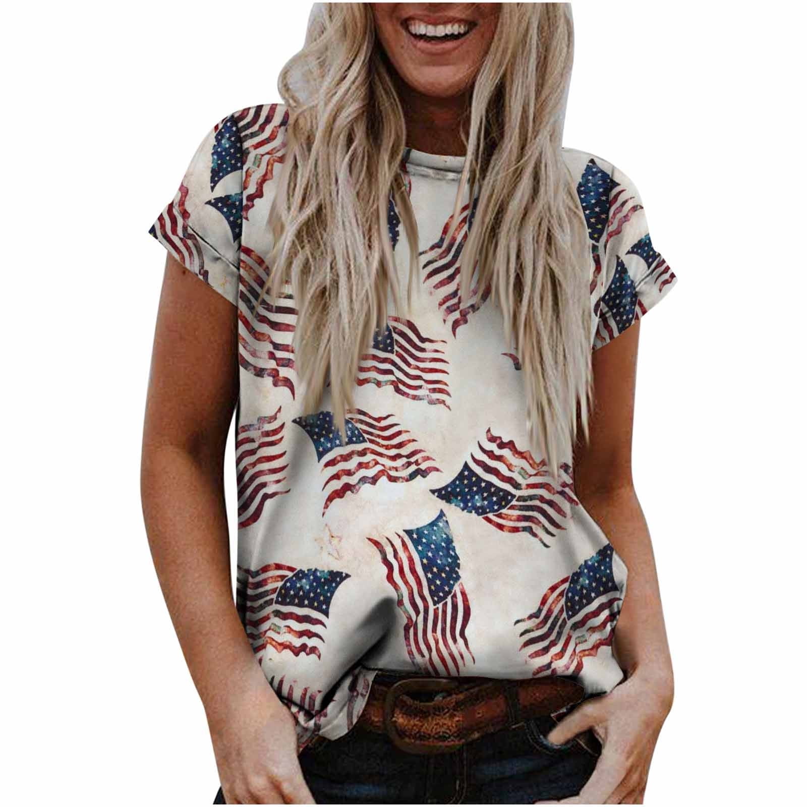 Independence Day Shirts Women Casual Patriotic Tees Tops USA Flag Raglan  V-Neck Short Sleeve Slim Blouses T-Shirt