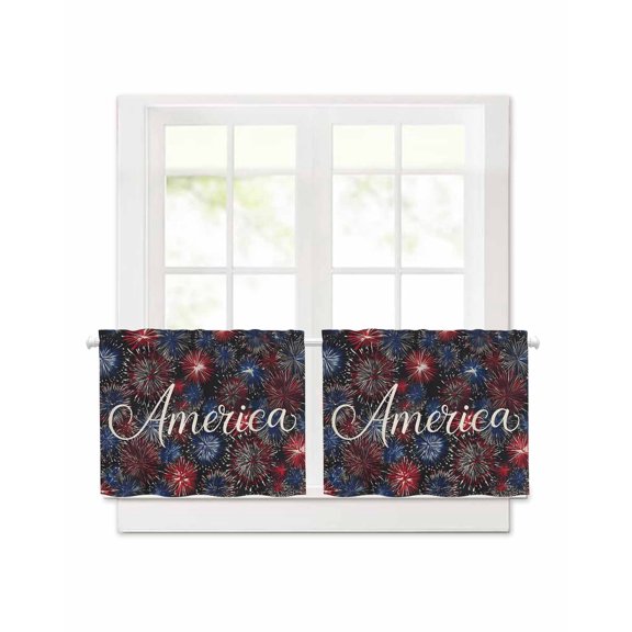 Independence Day Short Blackout Curtains 24 Inch Long America Letter Print Fantasy Colorful Firework, 2 Panels Thermal Insulated Darkening Rod Pocket Drapes for Bedroom, 42"W x 24"L