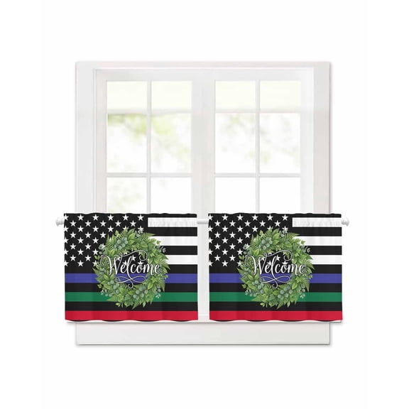 Independence Day Short Blackout Curtains 24 Inch Long US Flag Day Patriotic Weclome Wreath Red Black Stripes, 2 Panels Thermal Insulated Darkening Rod Pocket Drapes for Bedroom, 30"W x 24"L