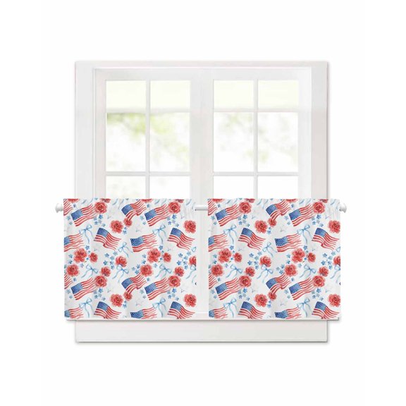 Independence Day Short Blackout Curtains 24 Inch Long Watercolor U, S, Flag Romantic Red Flowers Blue Bow, 2 Panels Thermal Insulated Darkening Rod Pocket Drapes for Bedroom, 30"W x 30"L