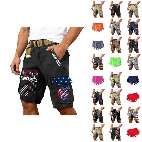 Independence Day Shorts for Men 2026 Summer Casual Us Flag Print Straight Leg Cargo Shorts with Pockets