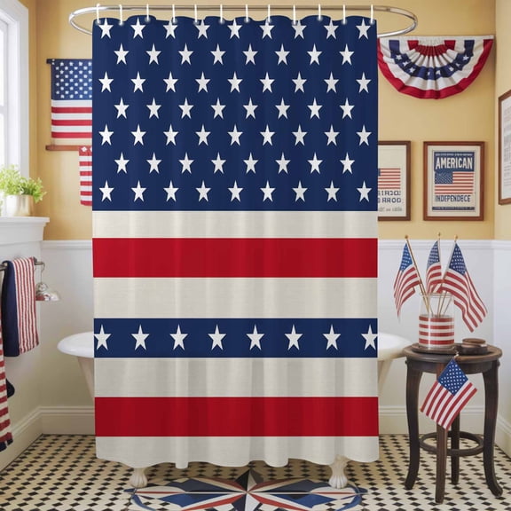 Independence Day Shower Curtain, 36" x 72", Retro U.S. Flag Star Red Blue White Stripes Waterproof Bathroom Curtain Washable Shower Curtain Set with 12 Hooks