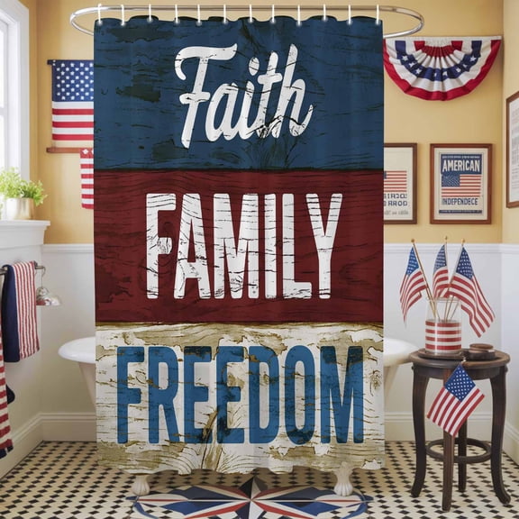 Independence Day Shower Curtain, 36" x 72", U.S. Flag Faith Family Freedom Wood Grain Waterproof Bathroom Curtain Washable Shower Curtain Set with 12 Hooks