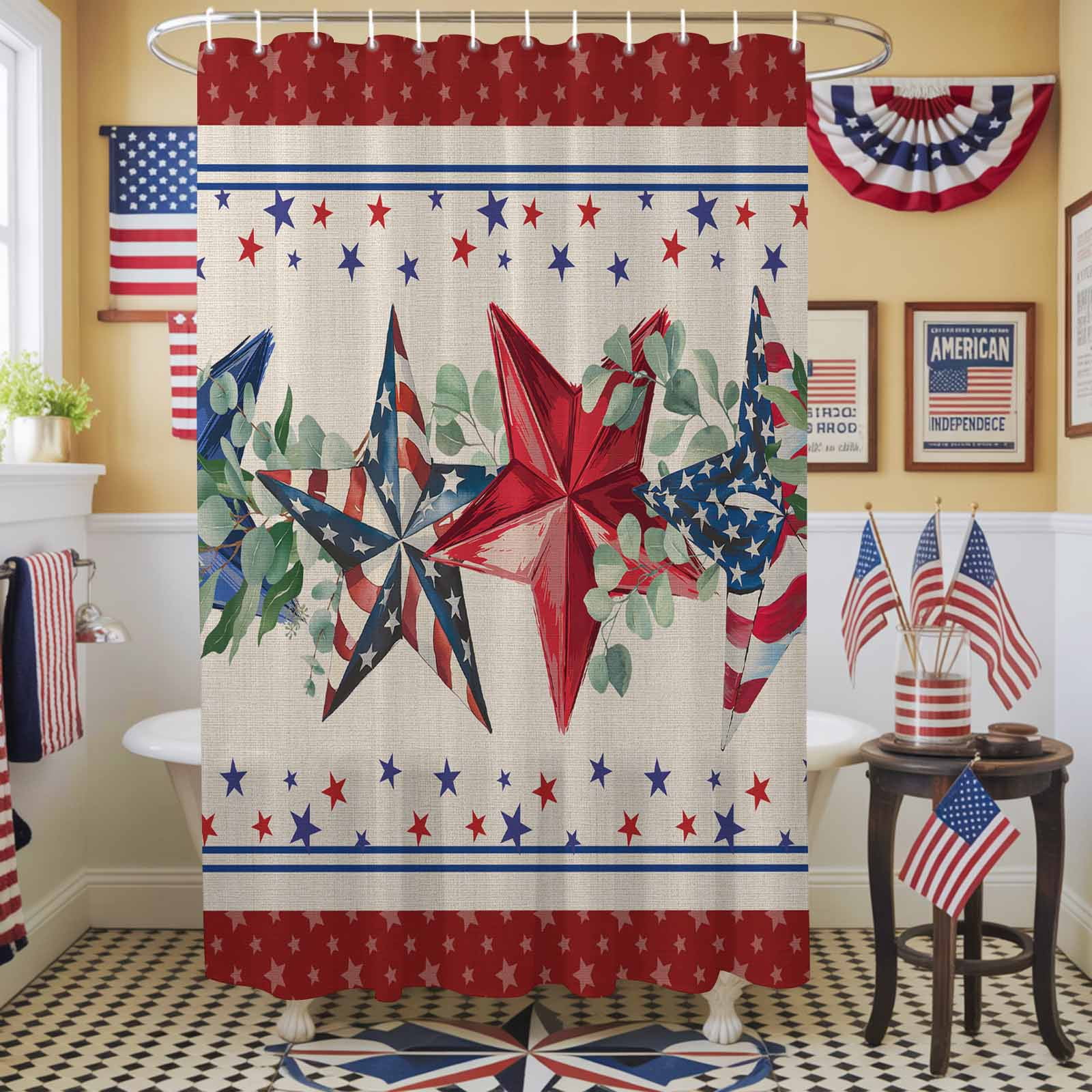 Independence Day Shower Curtain, 48" x 72", American Flag Red Blue Star ...