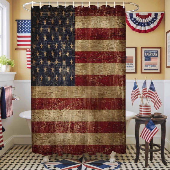 Independence Day Shower Curtain, 48" x 72", Vintage American Flag Memorial Day Waterproof Bathroom Curtain Washable Shower Curtain Set with 12 Hooks