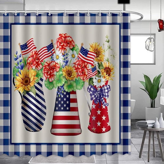 Independence Day Shower Curtain 4th of July American Flag Shower Curtains for Bathroom Red Stars Blue Buffalo Plaid Patriot Sunflower Waterproof Fabric Bath Curtain with 12 Hooks 72"x72"