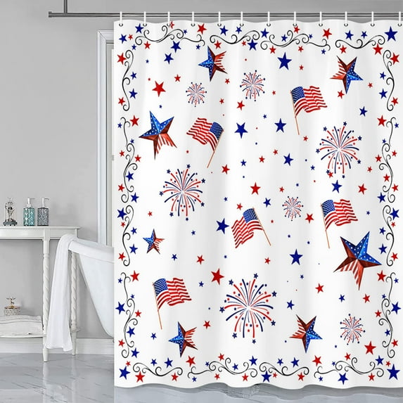 Independence Day Shower Curtain, 4th of July Shower Curtains American Flag Patriotic Stars Bath Curtain Freedom Fireworks Waterproof Bathroom Curtain Set with Hooks,American Memorial Day Decoration