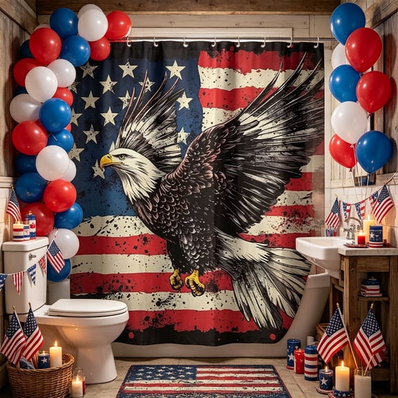Independence Day Shower Curtain 71x71 Inch, Patriotic Holiday Party Bathroom Partition Decor with Hooks for 4th of July