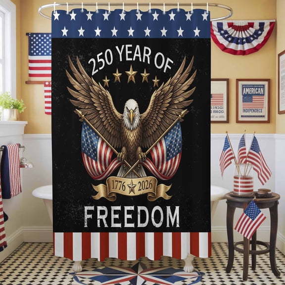 Independence Day Shower Curtain, 72" x 72", American 250 Years of Freedom Bald Eagle Waterproof Bathroom Curtain Washable Shower Curtain Set with 12 Hooks