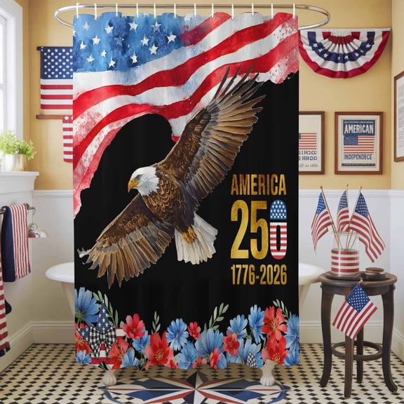 Independence Day Shower Curtain, 72" x 72", American Flag Bald Eagle Watercolor Flower Waterproof Bathroom Curtain Washable Shower Curtain Set with 12 Hooks