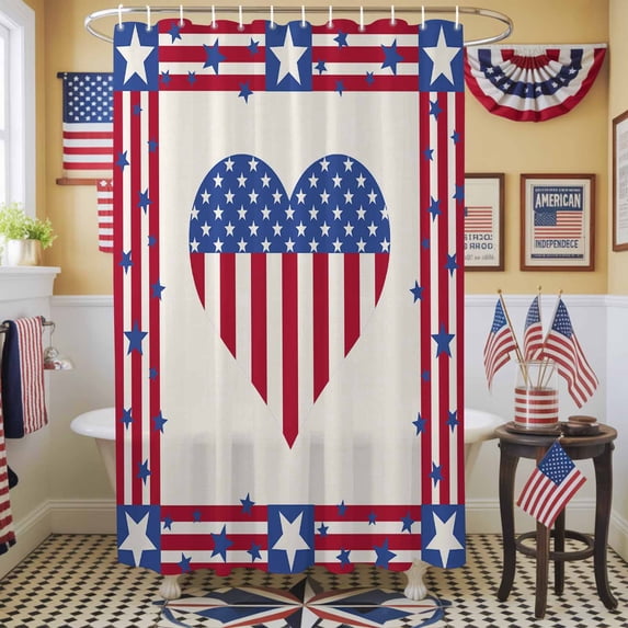 Independence Day Shower Curtain, 72" x 72", American Flag Love Heart Retro Waterproof Bathroom Curtain Washable Shower Curtain Set with 12 Hooks