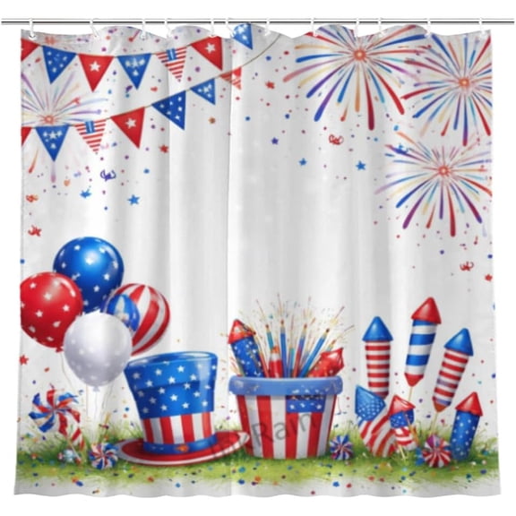 Independence Day Shower Curtain 72 x 72 Inch, Red White Blue Patriotic Fireworks Design, 4th of July Bathroom Decor, Waterproof Fabric Curtain with 12 Hooks