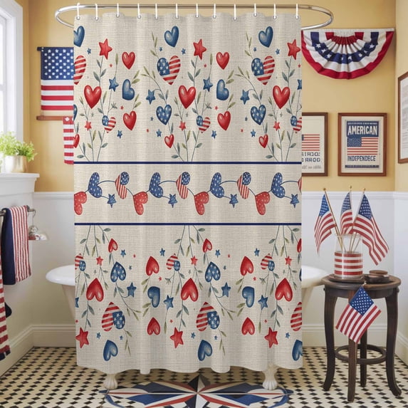 Independence Day Shower Curtain, 72" x 72", Retro Red Blue Love Stars Flags Green Leaf Waterproof Bathroom Curtain Washable Shower Curtain Set with 12 Hooks