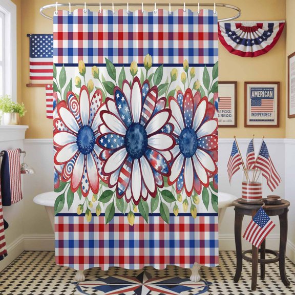 Independence Day Shower Curtain, 72" x 72", U. S. Flag Red Graffiti Flowers Colorful Plaid Waterproof Bathroom Curtain Washable Shower Curtain Set with 12 Hooks