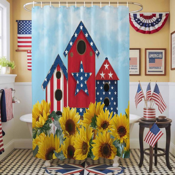 Independence Day Shower Curtain, 72" x 72", U.S. Flag Themed Red Farmhouse Sunflower Waterproof Bathroom Curtain Washable Shower Curtain Set with 12 Hooks
