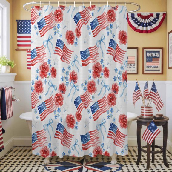 Independence Day Shower Curtain, 72" x 72", Watercolor U, S, Flag Romantic Red Flowers Blue Bow Waterproof Bathroom Curtain Washable Shower Curtain Set with 12 Hooks