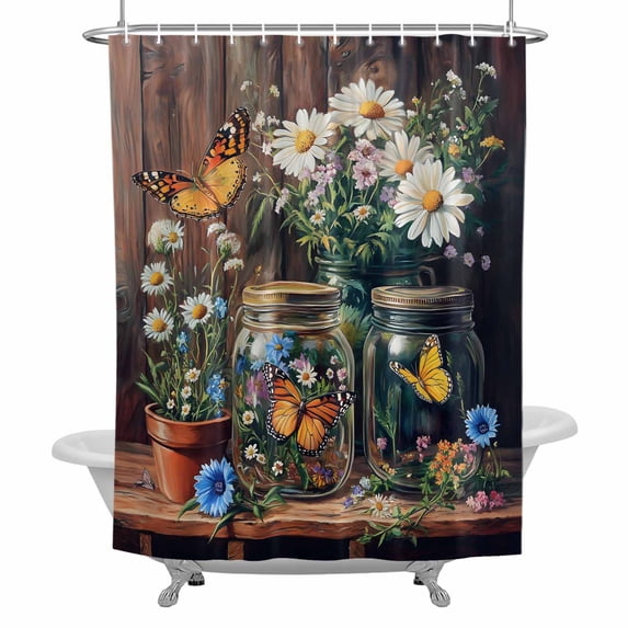 Independence Day Shower Curtain for Bathroom, Country Floral Daisy Butterfly Waterproof Cloth Fabric Bathroom Accessories Set with 12 Rust Proof Plastic Hooks, 72"x84"