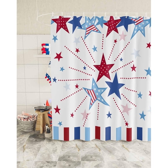 Independence Day Shower Curtain, Blue Red Shower Curtain Set with Hooks, Spring Summer Waterproof Fabric Shower Curtains for Bathroom Decor, 72x72 Inch Bath Curtain