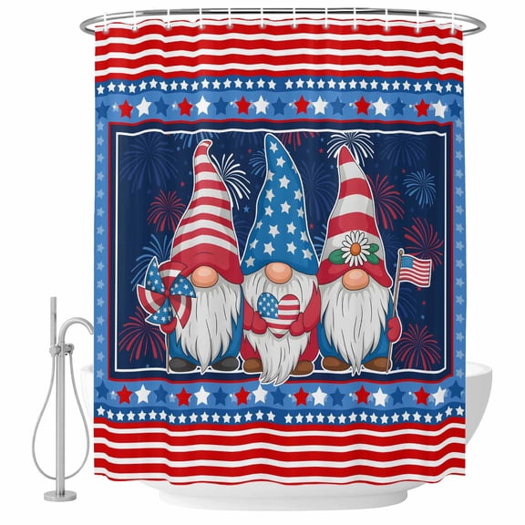 Independence Day Shower Curtain Set - Extra Long 72" x 96" Washable Bathtub Curtain with 12 Hooks, Patriotic Gnomes USA Flag Firework Waterproof Fabric Stall Shower Curtains for Bathroom Décor