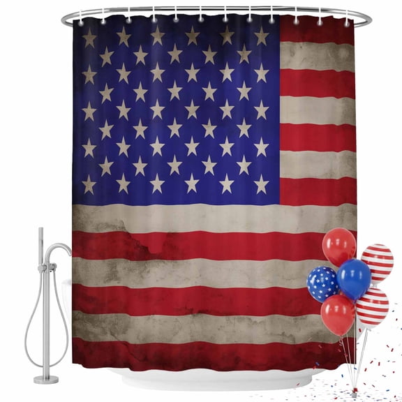 Independence Day Shower Curtain Set with Hooks, Retro USA Flag Patriotic Vintage Water Repellent Shower Curtains for Bath Decor Sturdy Shower Curtain, Machine Washable 36x72 Inch