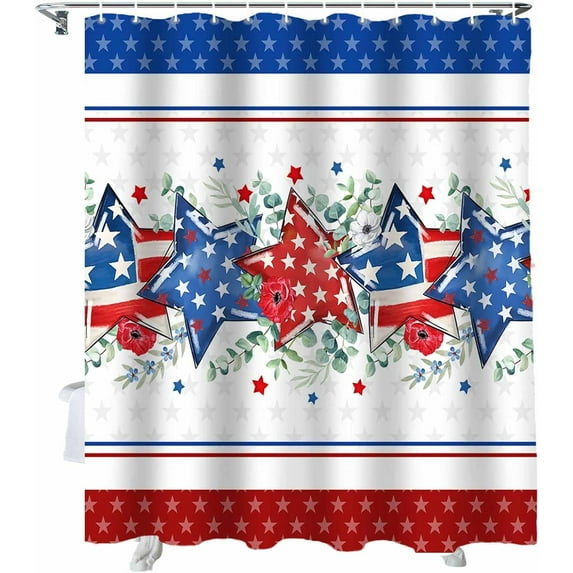 Independence Day Shower Curtain, Star Eucalyptus Leaves Blue Red Shower Curtain Set with Hooks, Winter Holiday Waterproof Fabric Shower Curtains for Bathroom Decor, 72x84 Inch Bath Curtain