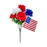 Independence Day Simulation Flowers Silk Flowers Holiday Party Dress Up Props, Artificial Patriotic Cemetery Flowers for Grave - Red White Blue Roses with American Flags for Veterans
