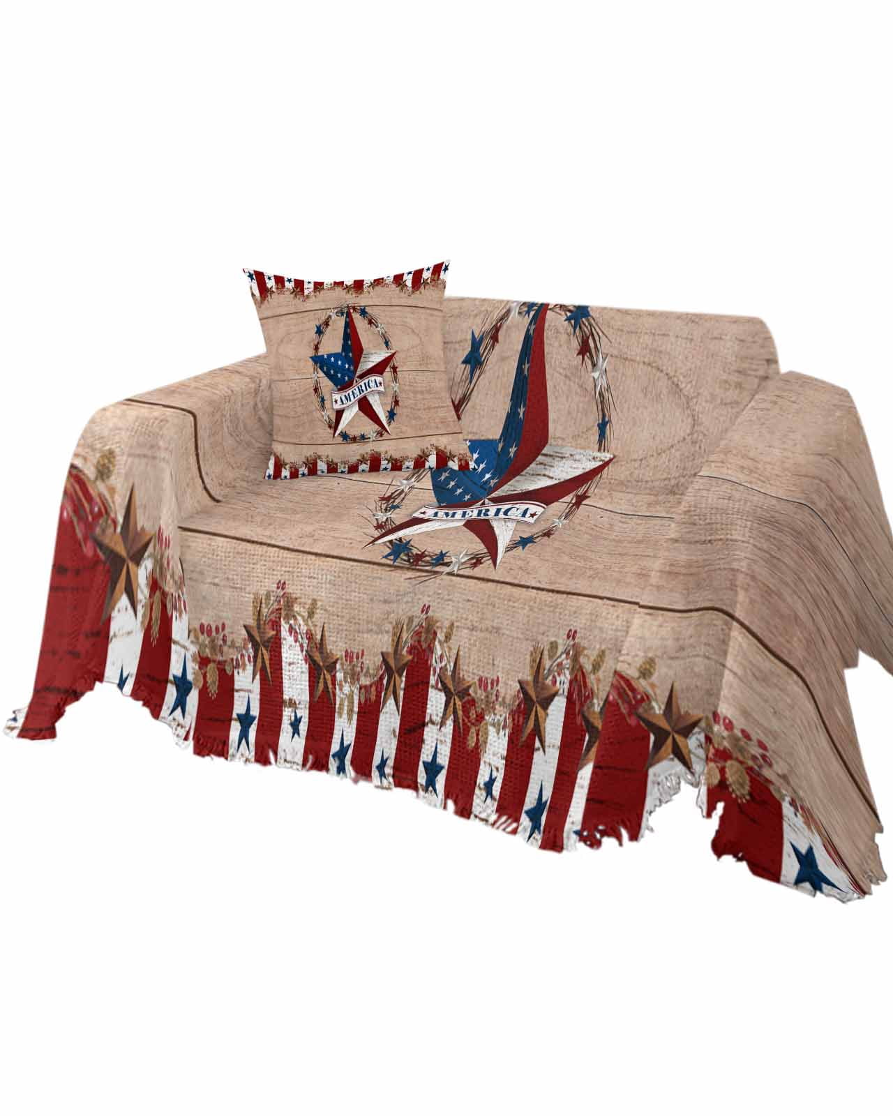 Independence Day Sofa Couch Covers for Dog,Washable Sofa Throw Cover Single Slipcovers for Armchair with Tassels,American Flag Country Style Star Couch Protector Towel Blanket Medium 71''x91''