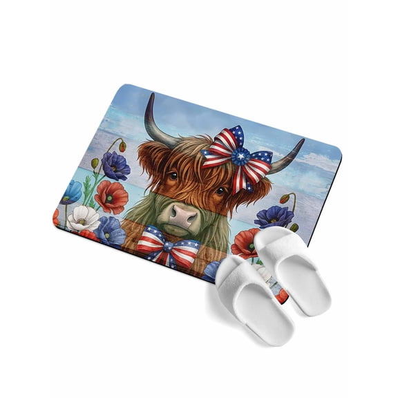 Independence Day Soft Diatomaceous Earth Mat, Bow Highland Cattle Red Blue Flower Country Stripes Absorbent Bathroom Mat Non Slip Rubber Backed Quick Dry Doormat Fit Under Door for Kitchen 24"x36"